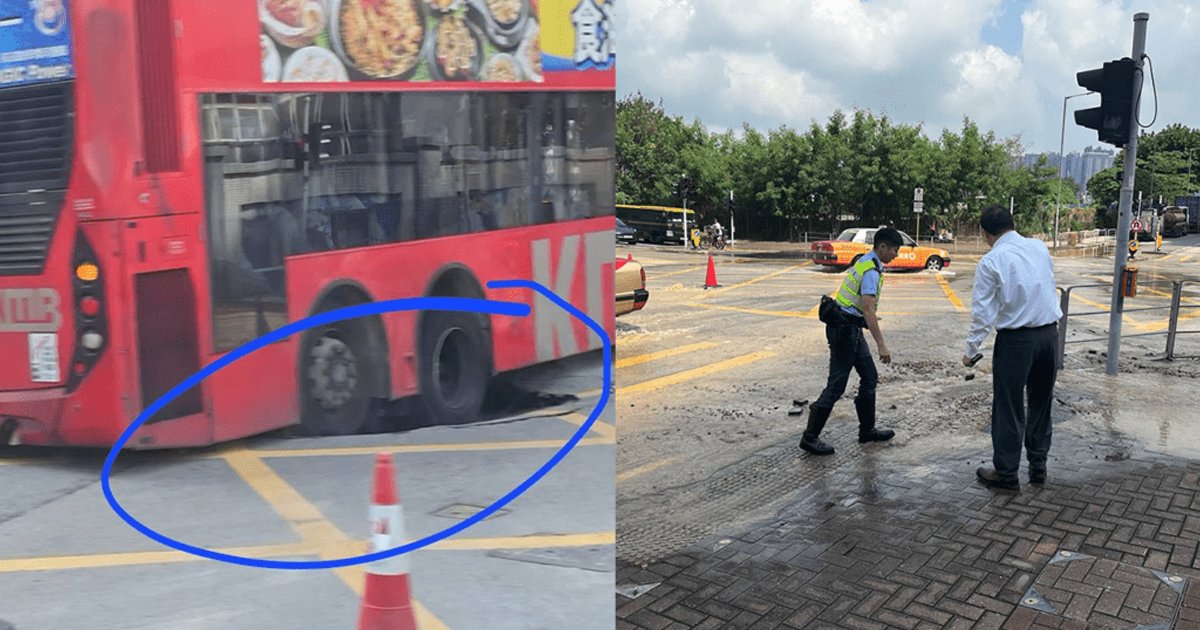 紅磡爆鹹水管路陷 九巴後轆落坑受困