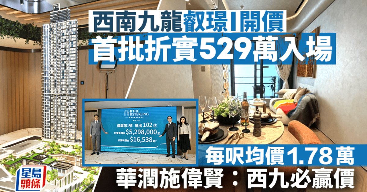 西南九龙叡璟I首批102伙开价 平均呎价1.78万 发展商形容「西九必赢价」