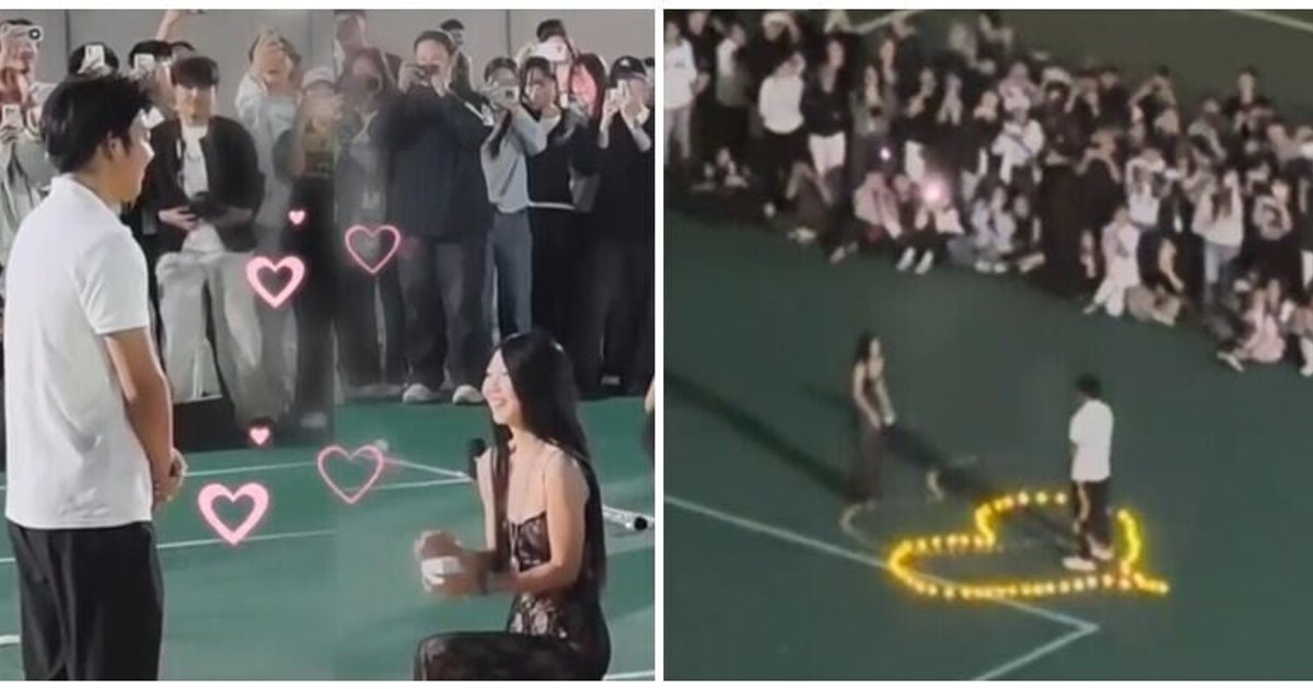 Female Student at Hebei Academy Proposes to Boyfriend on Campus; Netizens Call Him 'Lucky Guy'