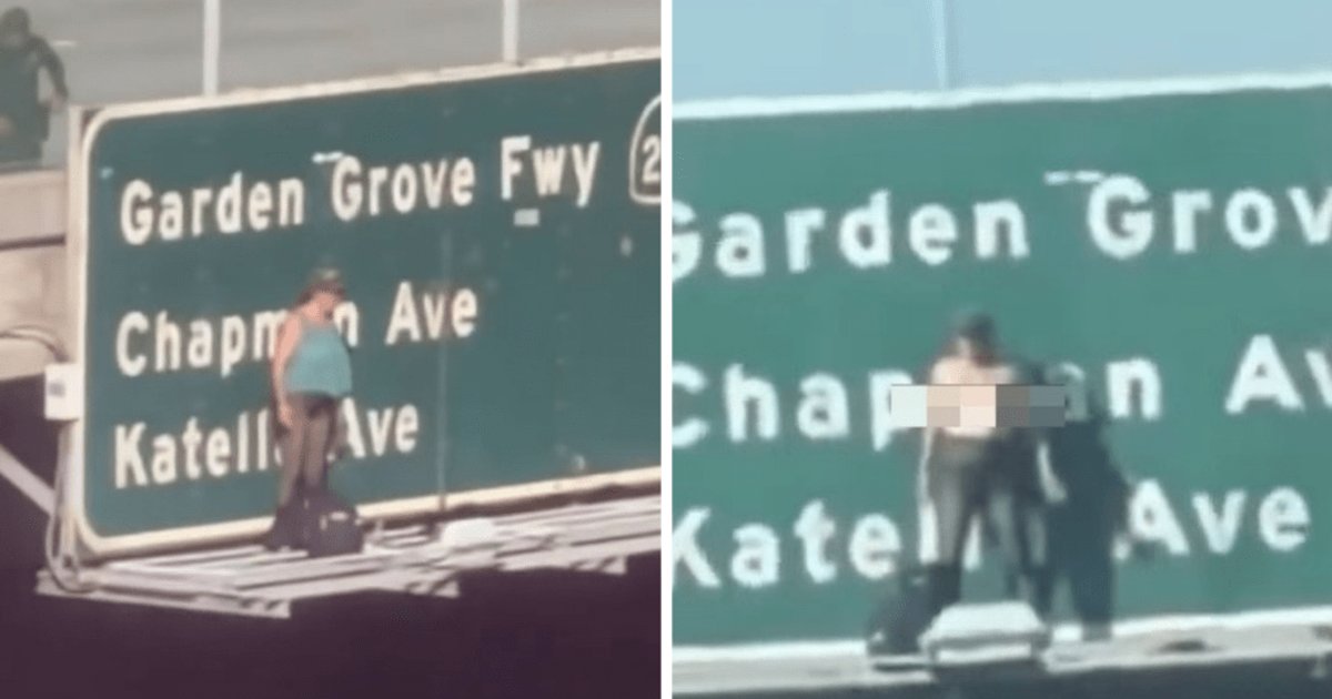 California woman talked down from freeway sign